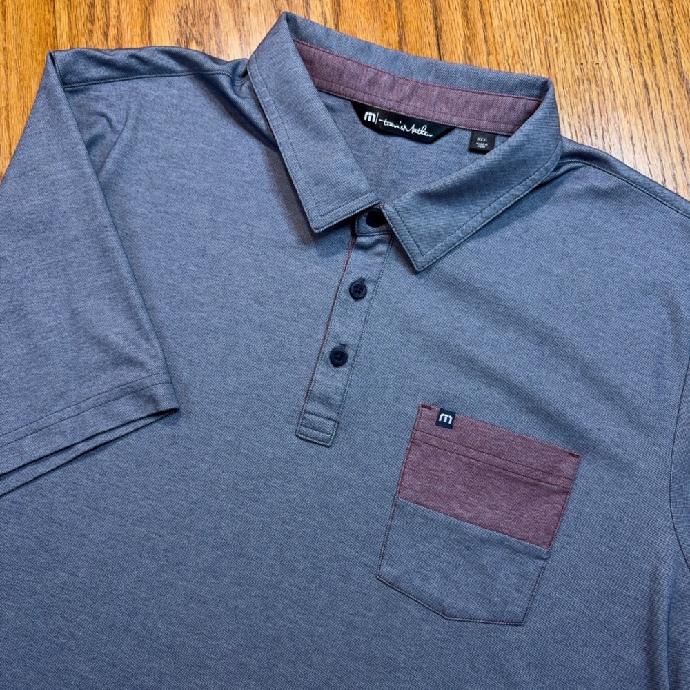 Travis Mathew Polo Shirt Mens XXXL Blue Heathered Pocket Pima Cotton Blend Golf